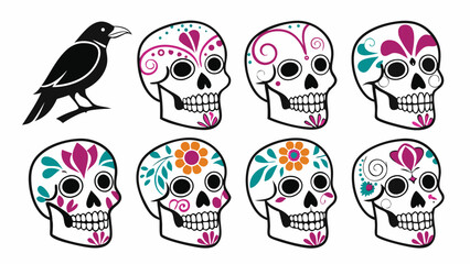 Colorful Decorated Sugar Skulls and Raven Illustration.