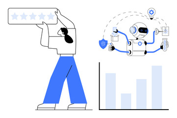 Person holding five-star rating, robot multitasking with tools, icons, and bar chart representing progress. Ideal for teamwork, AI integration, automation, innovation, ratings goal achievement