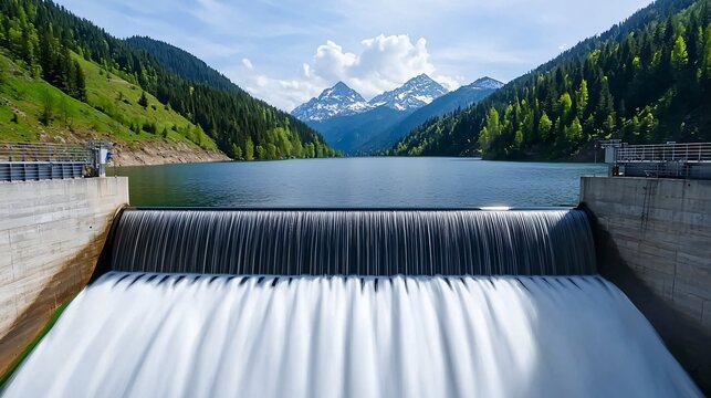 Realistic micro hydro power station in mountain valley, small dam structure with flowing river, renewable energy system with natural landscape