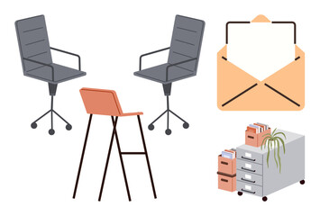 Office chairs, modern bar stool, file cabinets with files and potted plant, and envelope with paper. Ideal for communication, organization, workspace, interior design, business filing