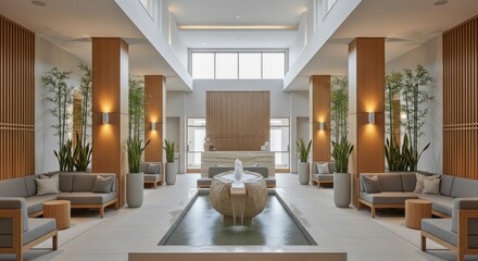Fototapeta premium Luxury Hotel Lobby with Modern Zen Interior Design and Water Fountain