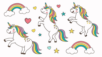 Cute Cartoon Unicorns with Rainbow and Stars.