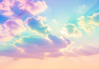 Obraz premium Ethereal pastel sky with sunbeams casting a gentle glow upon the clouds formations