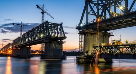 Dynamic Bridge Construction at Dusk with Industrial Activity and City Reflections