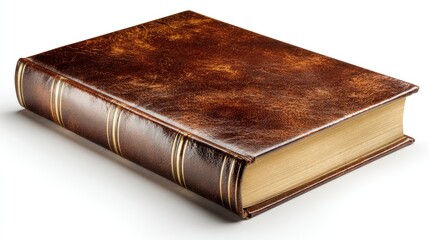 Obraz premium Detailed Close Up of an Antique Leather Bound Book with Gold Accents on a White Background