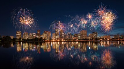 Naklejka premium fireworks over lake in city on white background