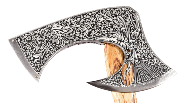 Ornate Axe Intricate Engraved Metalwork on a Wood Handle