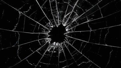 Obraz premium Close-up of shattered glass with radial cracks on a black background