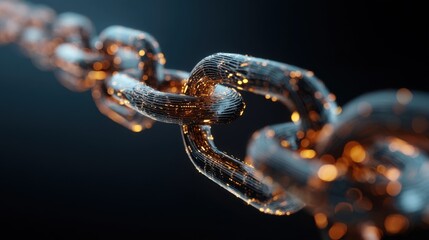 Close up of interconnected chain links glowing with sparkling golden light. Abstract digital technology, secure network and data connection concept.