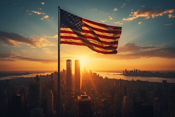 An American flag waves solemnly at sunset above the city skyline, symbolizing remembrance and resilience after September 11