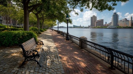 serene waterfront promenade with bench and scenic city views