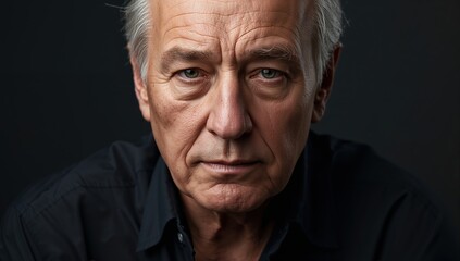 Obraz premium Portrait of a thoughtful senior man with a serious expression on a dark background