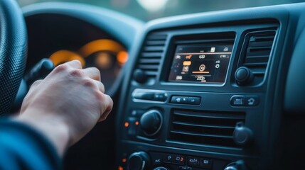 Obraz premium Close up of a driver s hand in a black car adjusting the radio station while driving