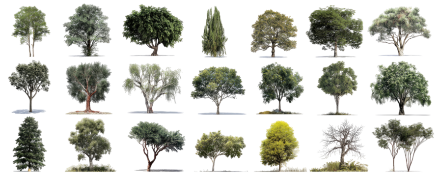 Collection of diverse tree silhouettes, various shapes and foliage