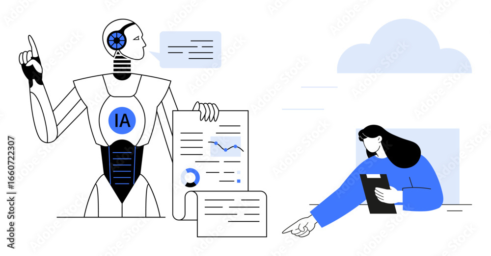 Wall mural ai robot pointing to data charts while holding a report, analyst reviewing notes at desk. ideal for 