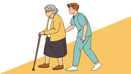 Elderly Woman Assisted by Caregiver with Walking Stick Illustration 1.
