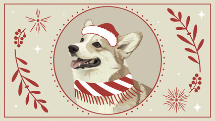 Fototapeta premium Festive Corgi Portrait with Santa Hat and Striped Scarf.