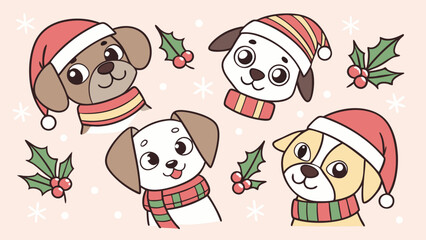 Fototapeta premium Four Adorable Cartoon Dogs Wearing Christmas Hats and Scarves.