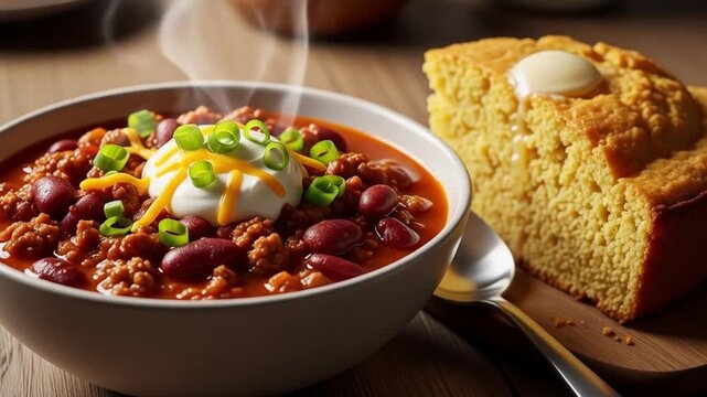 A bowl of steaming chili topped with sour cream cheese and green onions sits next to a slice of cornbread with a pat of butter
