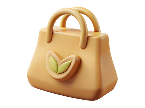 Stylish tan handbag with leaf accent and double handles isolated on white isolated on transparent background