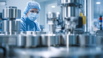 A scientist in a sterile suit, mask, and goggles oversees a pharmaceutical production line, working with modern machinery in a cleanroom for drug manufacturing