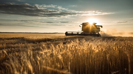 Fototapeta premium A modern combine harvester works in a golden wheat field at sunset. This image captures the beauty of agriculture, the process of harvesting, and modern farming technology