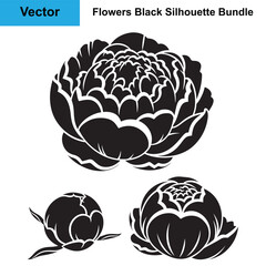 Collection of Peony Flower and Bud Black Silhouettes