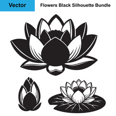 Fototapeta premium Water Lily Flower and Bud on Pond Black Silhouette Icons