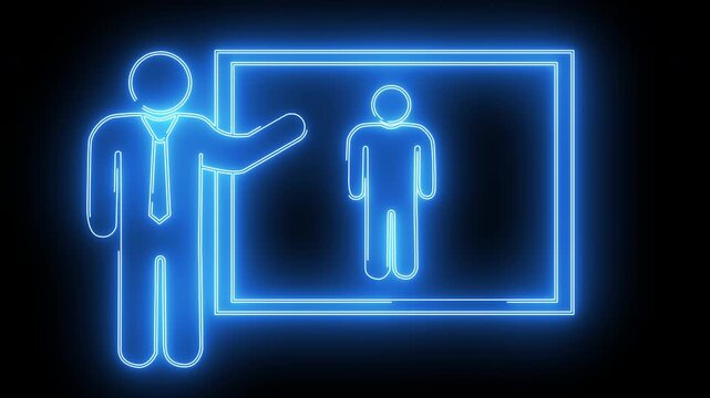 standing person icon and presentation icon on screen with neon effect