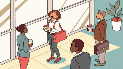 Diverse Business Professionals Networking with Coffee in Modern Office Setting.