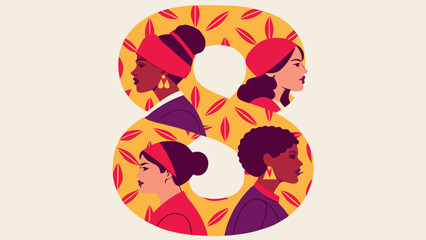 International Womens Day Illustration with Diverse Female Profiles in Number Eight.