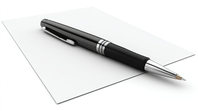 Black Ballpoint Pen On Blank White Paper A Close Up Studio Shot Of Office Stationery Against A Clean White Background. This Image Represents - Powered by Adobe