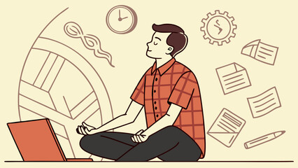 Man Meditating with Laptop and WorkRelated Icons Illustration Style.