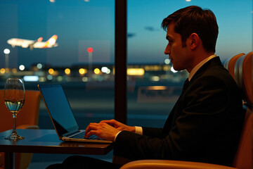 Dedicated businessman works on his laptop in an airport lounge late at night, with an airplane taking off in the background, symbolizing global business and commitment