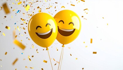 Joyful Celebration - Two Smiling Emoji Balloons Amidst Falling Golden Confetti.