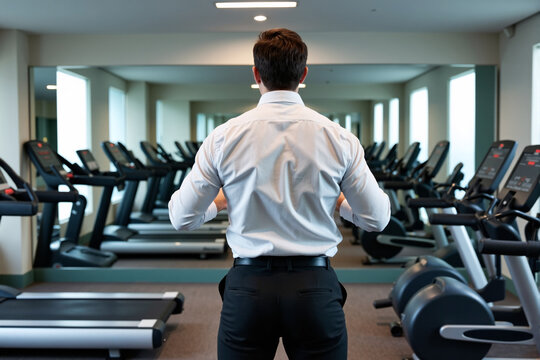 Businessman in a dress shirt maintains his fitness routine while traveling, running on a treadmill in a hotel gym to stay healthy and active on a business trip