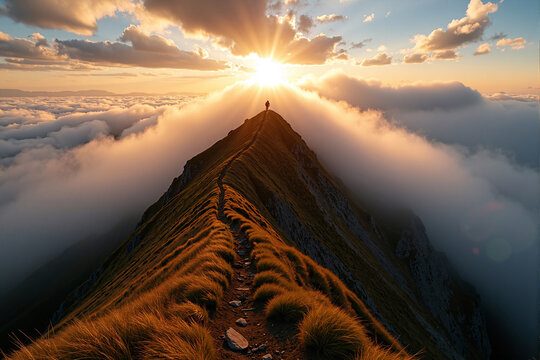 Majestic mountain peak piercing through a sea of clouds at sunrise, with a lone hiker standing at the summit, symbolizing adventure, achievement, and overcoming challenges