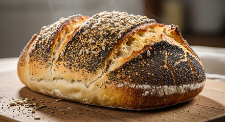 Artisanal loaf displaying meticulous seed embellishments and a perfectly crisp crust, resting serenely on a wooden board conveying a sense of warmth and wholesome delight baked to perfection
