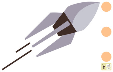 Rocket soaring upward past three orange circles, symbolizing growth, progress, and achievement. Ideal for innovation, entrepreneurship, future, ambition, growth progress tracking simple flat