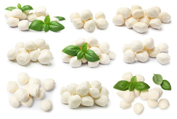Mozzarella cheese balls with fresh basil leaves isolated on white, collage
