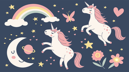 Obraz premium Whimsical Unicorns with Pink Mane and Hearts on a Starry Night.