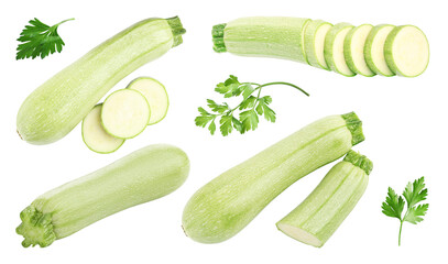 Fresh ripe zucchini with parsley isolated on white, collage