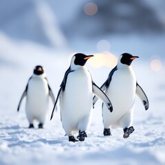 Obraz premium Three gentoo penguins waddle across a snowy landscape on a bright day