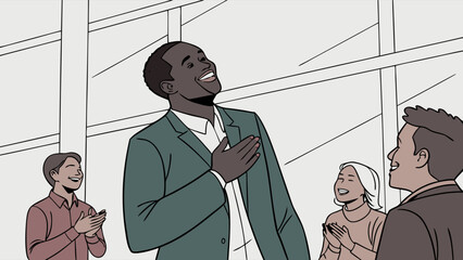 Joyful Black Businessman Acknowledging Applause from Colleagues.