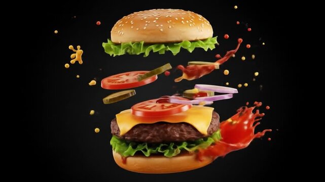 Exploded burger layers of bun patty cheese lettuce tomato pickles onion and condiments floating against a dark backdrop
