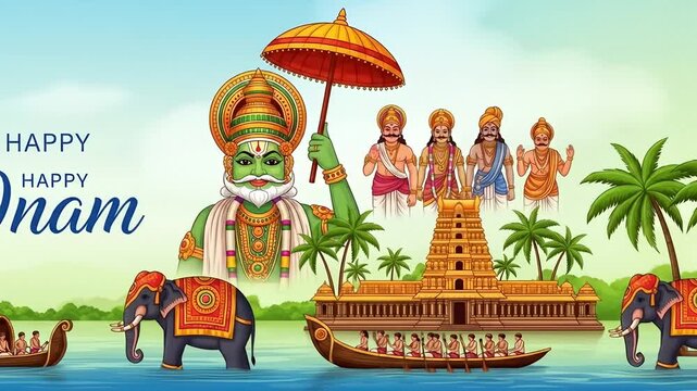 Image is a vibrant and colorful digital illustration celebrating the festival of Onam. It features a traditional layout with a central focus on a large, elaborately dressed figure of King Mahabali, de