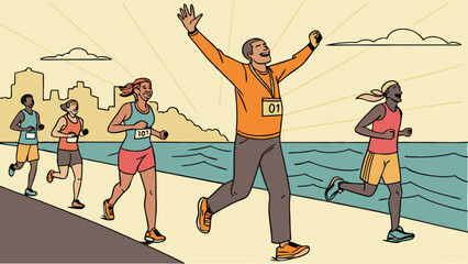 Marathon Runner Celebrates Victory with Arms Raised at Finish Line.