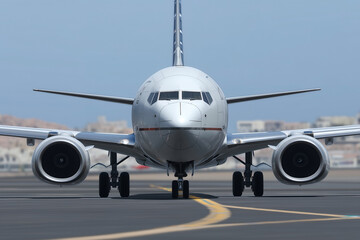 Obraz premium Front View Of Commercial Passenger Jet Airplane Positioned On Airport Taxiway Ready For Departure Flight