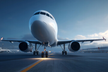 Commercial Passenger Airplane Standing On Airport Runway Preparing For Takeoff During Sunset With Clouds