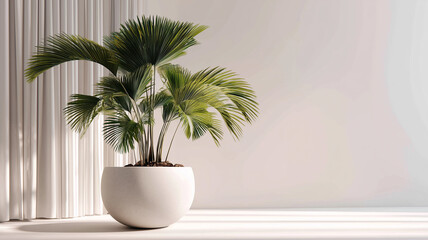 Obraz premium Palm plant in white pot against neutral background